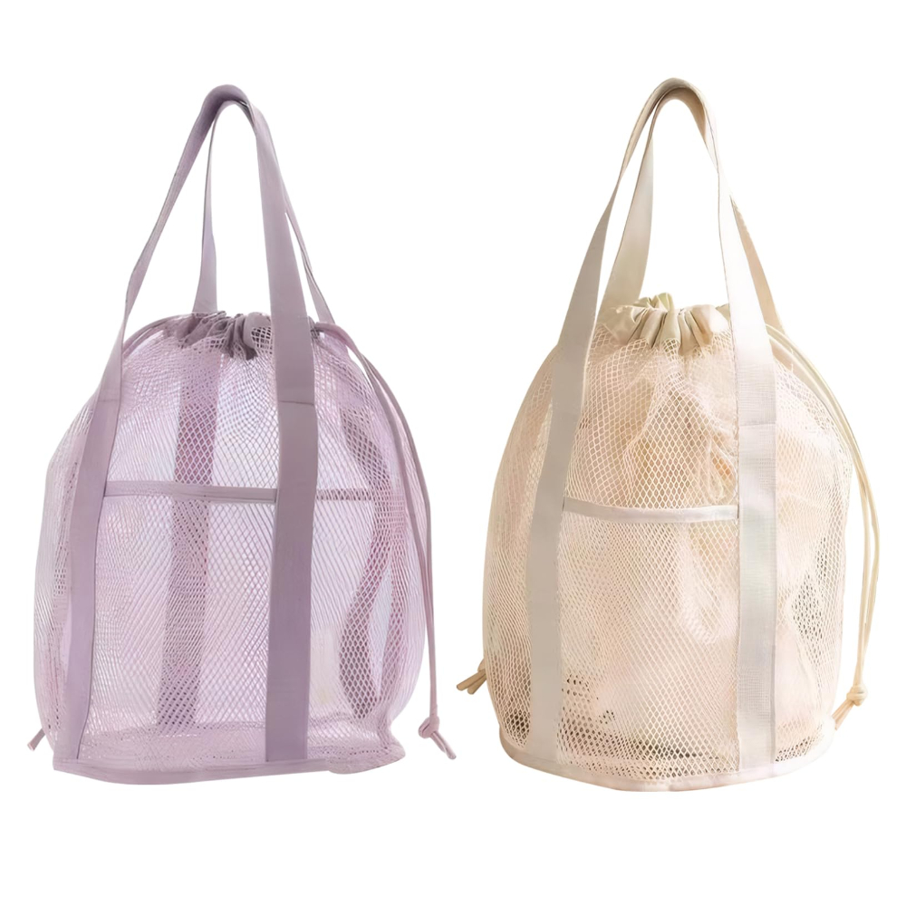 Handbags - กระเป๋าใส่อุปกรณ์อาบน้ำแบบตาข่าย พับได้ น้ำหนักเบาพิเศษ กระเป๋าถือแบบมีเชือกรูด กระเป๋าชายหาด กระเป๋าใส่อุปกรณ์อาบน้ำสำหรับของเล่น