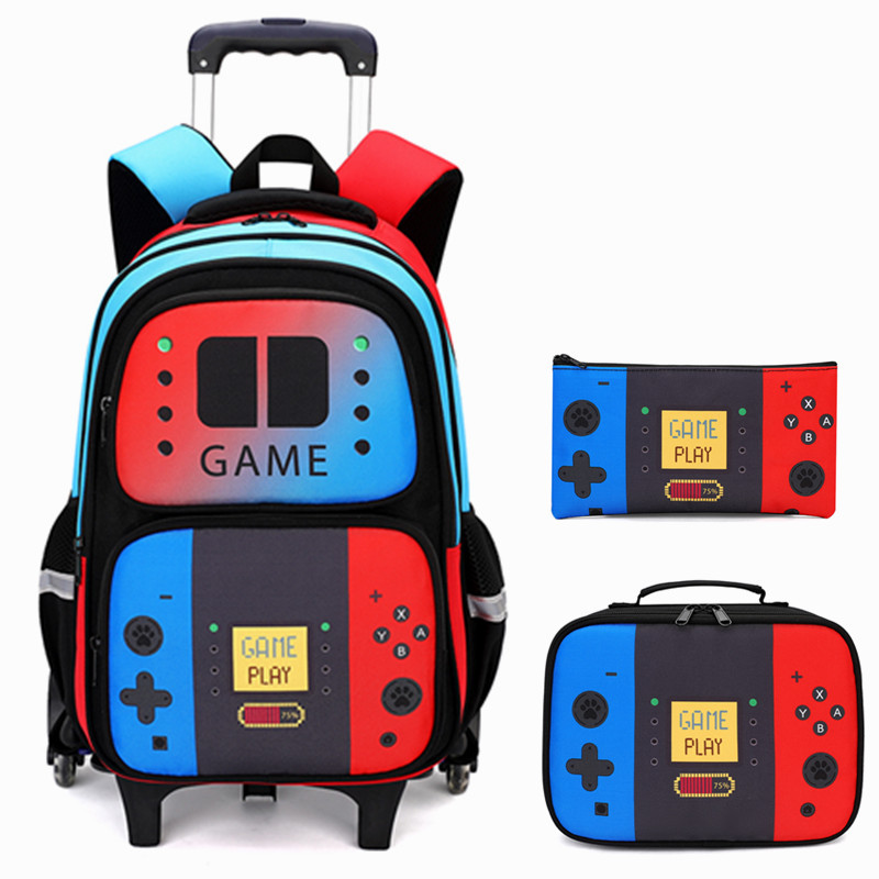 Foldable Rolling Luggage Bag - กระเป๋าเป้สะพายหลังแบบล้อเลื่อนสำหรับเด็กผู้ชาย 3 ชิ้น พร้อมกล่องใส่อาหารกลางวัน กระเป๋าเดินทางน้ำหนักเบาสำหรับวัยรุ่น